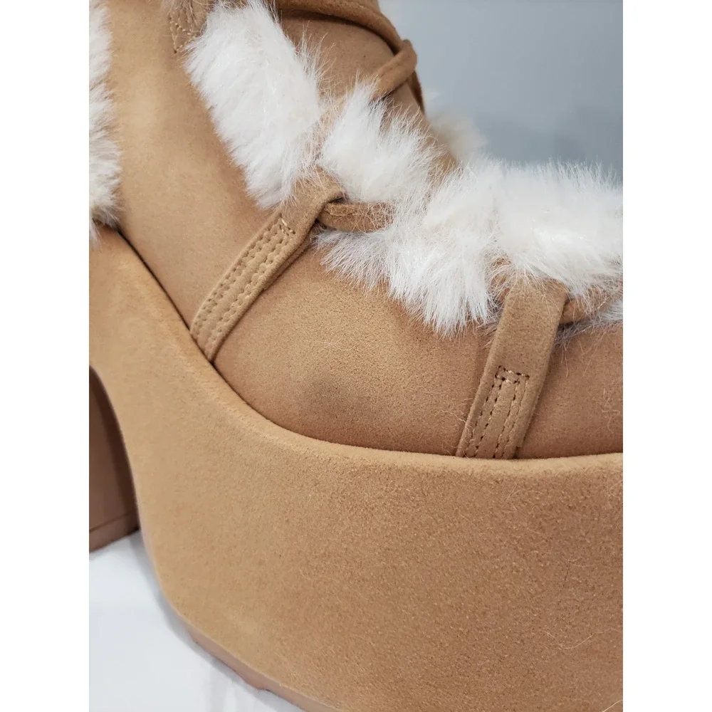 SIZE 8 DEMONIA CUBBY 311 Camel Platform Lace Up Fur Trim Mid Calf Boots RAVE
